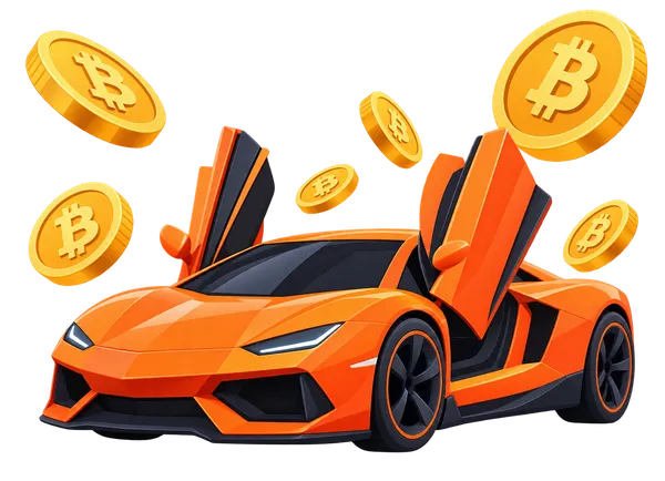 Red sports car with bitcoin coins